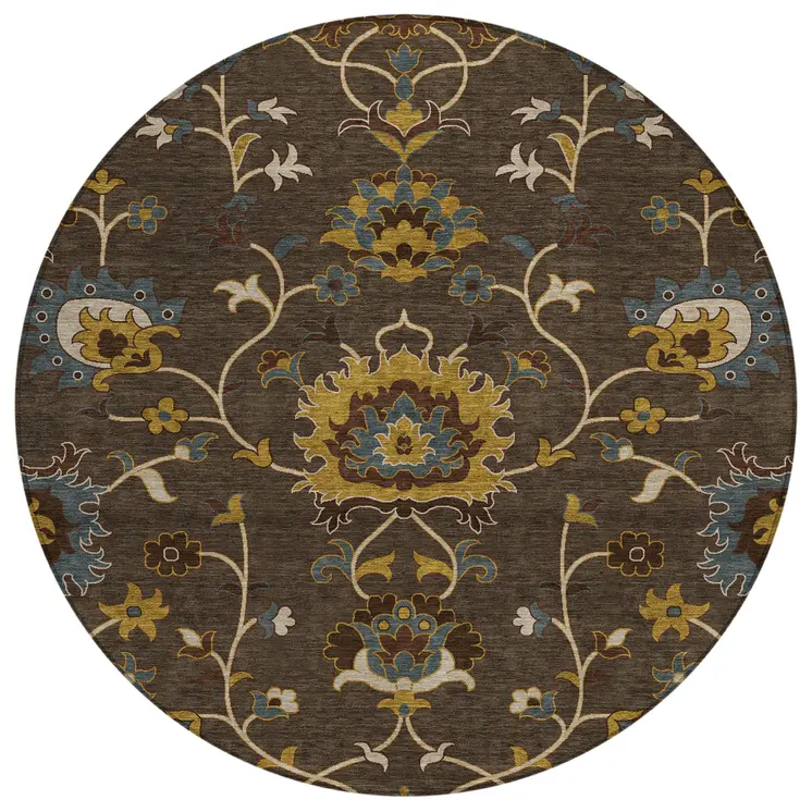 8' Chocolate Gold And Gray Round Floral Washable Indoor Outdoor Area Rug