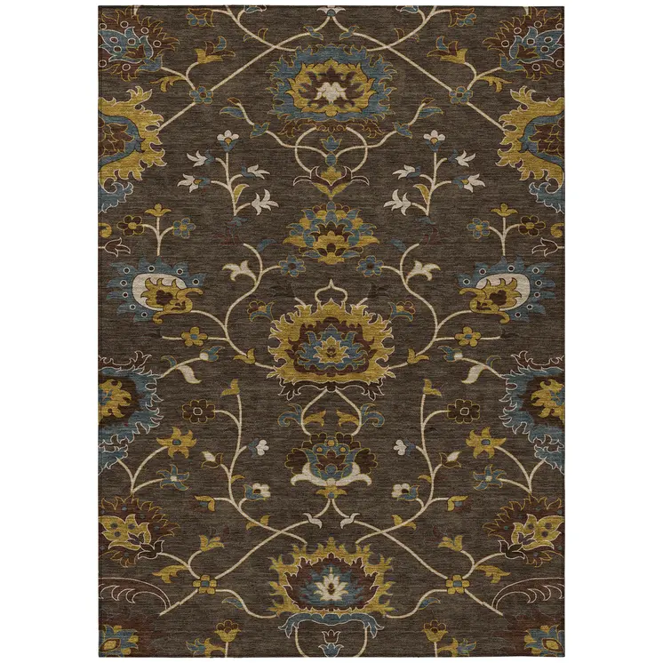 9' X 12' Chocolate Gold And Gray Floral Washable Indoor Outdoor Area Rug