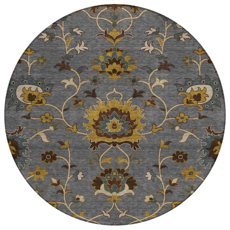 8' Gray Gold And Beige Round Floral Washable Indoor Outdoor Area Rug