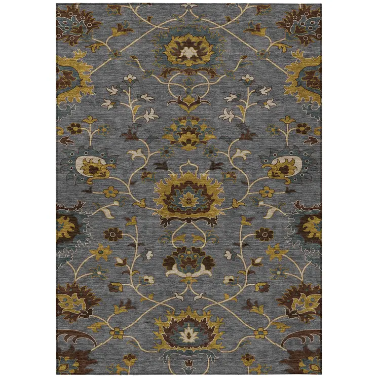 8' X 10' Gray Gold And Beige Floral Washable Indoor Outdoor Area Rug