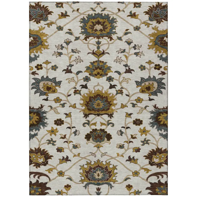 3' X 5' Ivory Gray And Gold Floral Washable Indoor Outdoor Area Rug