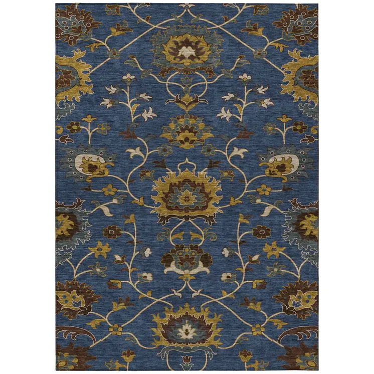 5' X 8' Navy Blue Gold And Brown Floral Washable Indoor Outdoor Area Rug