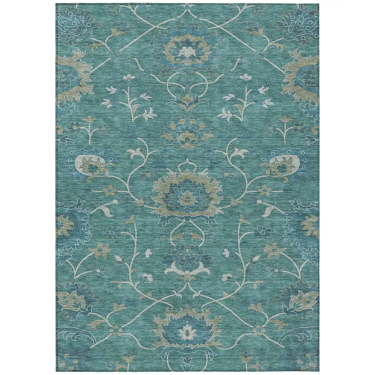 9' X 12' Teal Blue And Ivory Floral Washable Indoor Outdoor Area Rug