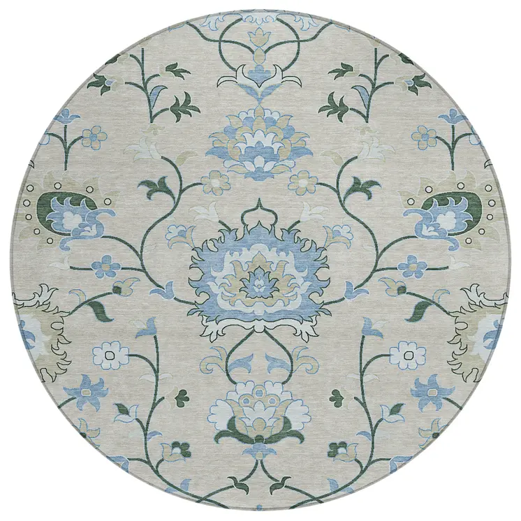8' Beige Blue And Ivory Round Floral Washable Indoor Outdoor Area Rug