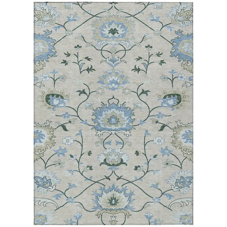9' X 12' Beige Blue And Ivory Floral Washable Indoor Outdoor Area Rug