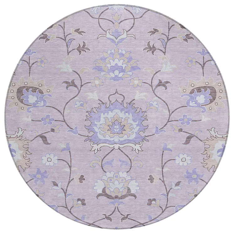 8' Blush Lavender And Beige Round Floral Washable Indoor Outdoor Area Rug
