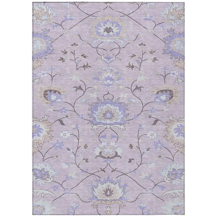 10' X 14' Blush Lavender And Beige Floral Washable Indoor Outdoor Area Rug