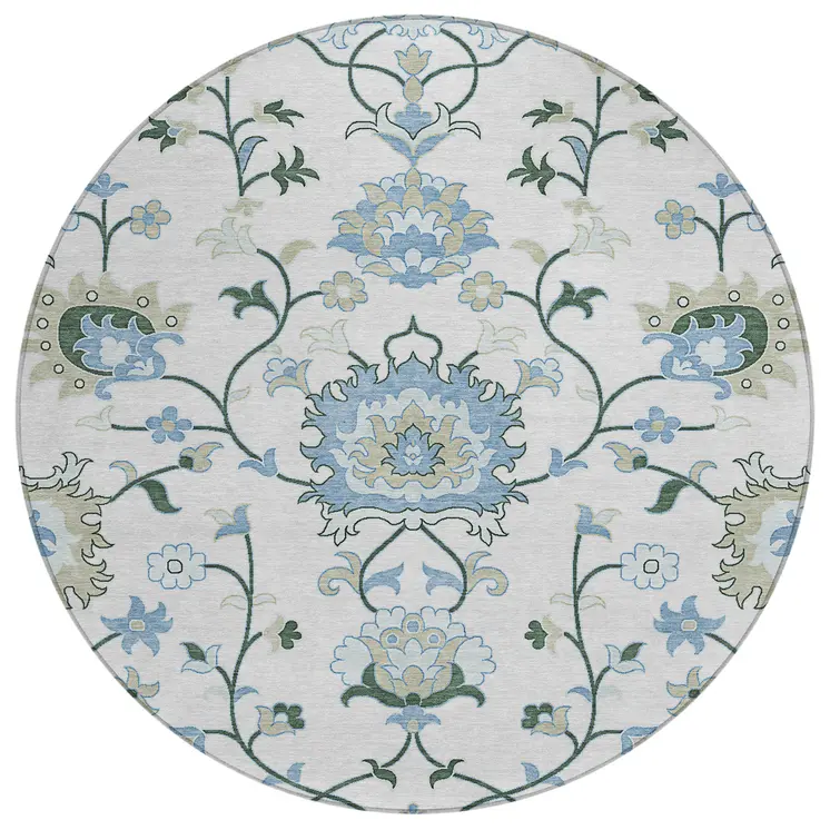 8' Ivory Blue And Beige Round Floral Washable Indoor Outdoor Area Rug