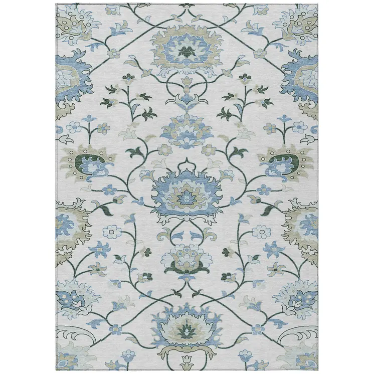 8' X 10' Ivory Blue And Beige Floral Washable Indoor Outdoor Area Rug