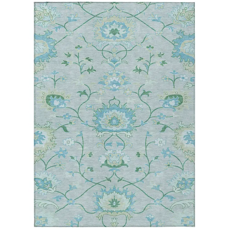 10' X 14' Mint Green Teal Blue And Ivory Floral Washable Indoor Outdoor Area Rug