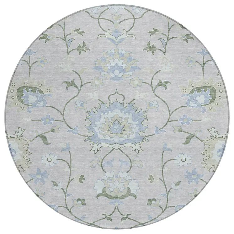 8' Pearl And Ivory Round Floral Washable Indoor Outdoor Area Rug