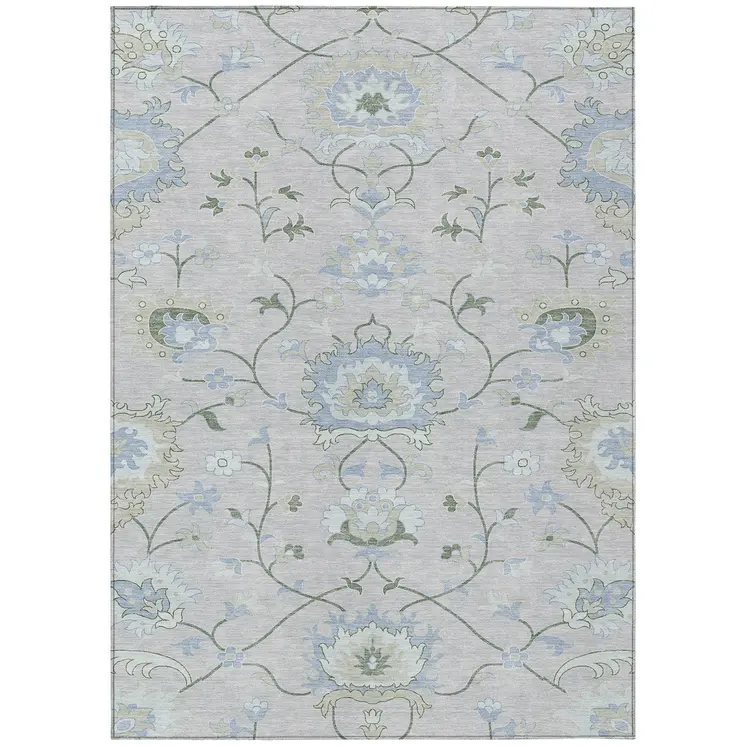 8' X 10' Pearl And Ivory Floral Washable Indoor Outdoor Area Rug