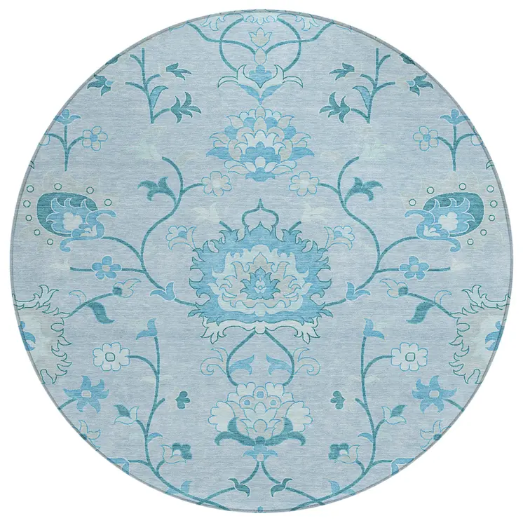 8' Sky Blue And Ivory Round Floral Washable Indoor Outdoor Area Rug