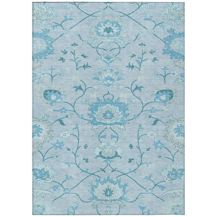 8' X 10' Sky Blue And Ivory Floral Washable Indoor Outdoor Area Rug