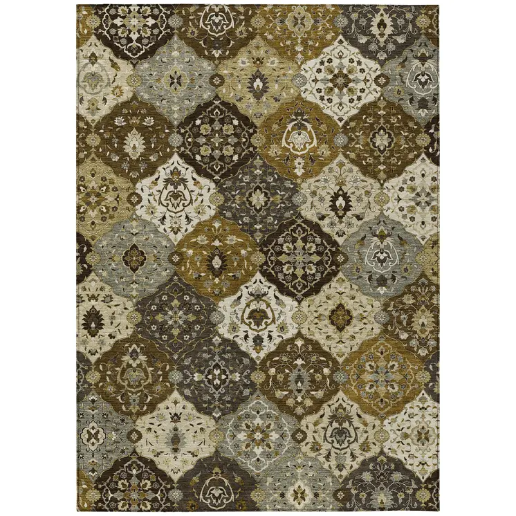 8' X 10' Brown Gray And Gold Floral Medallion Washable Indoor Outdoor Area Rug