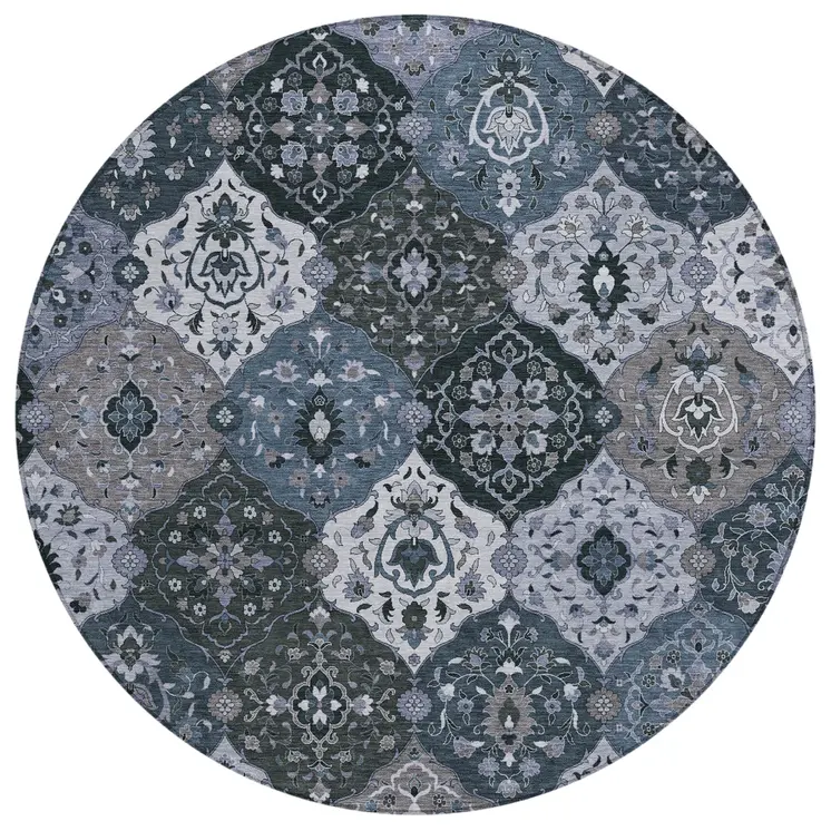 8' Denim Blue Gray And Ivory Round Floral Medallion Washable Indoor Outdoor Area Rug