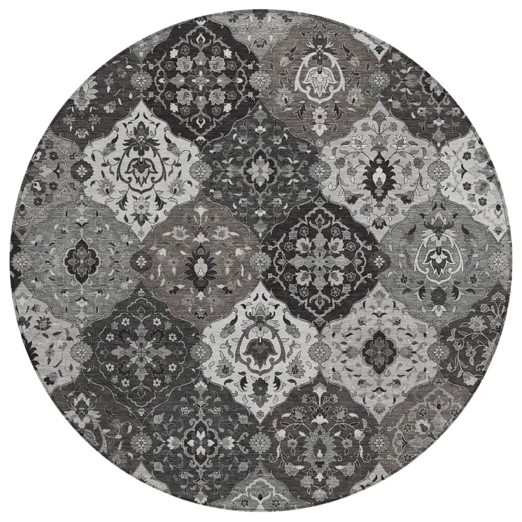 8' Gray Charcoal And Ivory Round Floral Medallion Washable Indoor Outdoor Area Rug