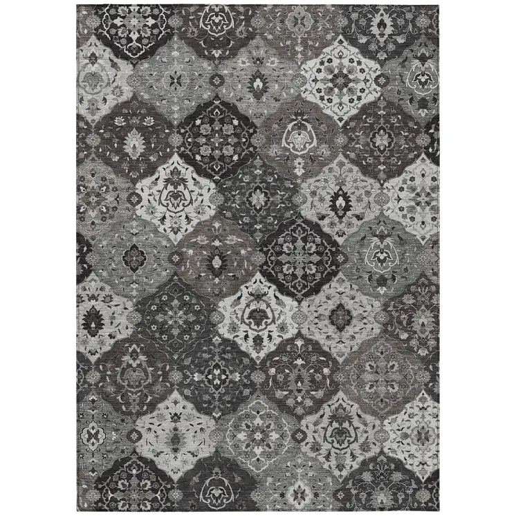 9' X 12' Gray Charcoal And Ivory Floral Medallion Washable Indoor Outdoor Area Rug