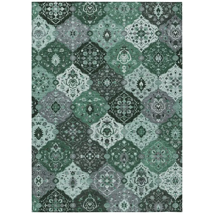 9' X 12' Green Ivory And Gray Floral Medallion Washable Indoor Outdoor Area Rug