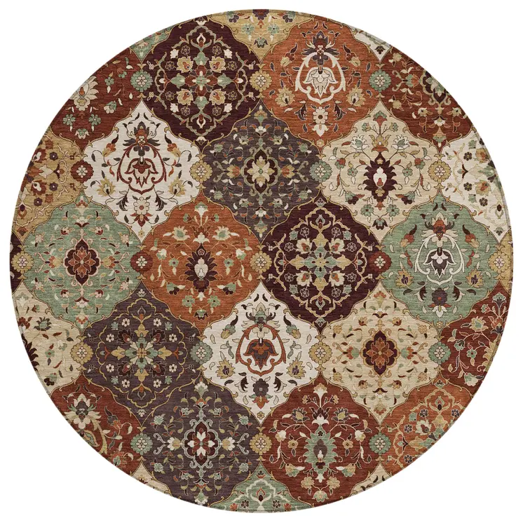 8' Chili Red Beige And Copper Round Floral Medallion Washable Indoor Outdoor Area Rug