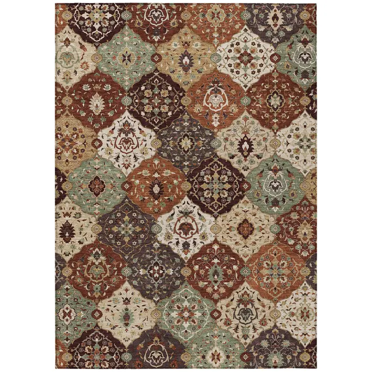 9' X 12' Chili Red Beige And Copper Floral Medallion Washable Indoor Outdoor Area Rug