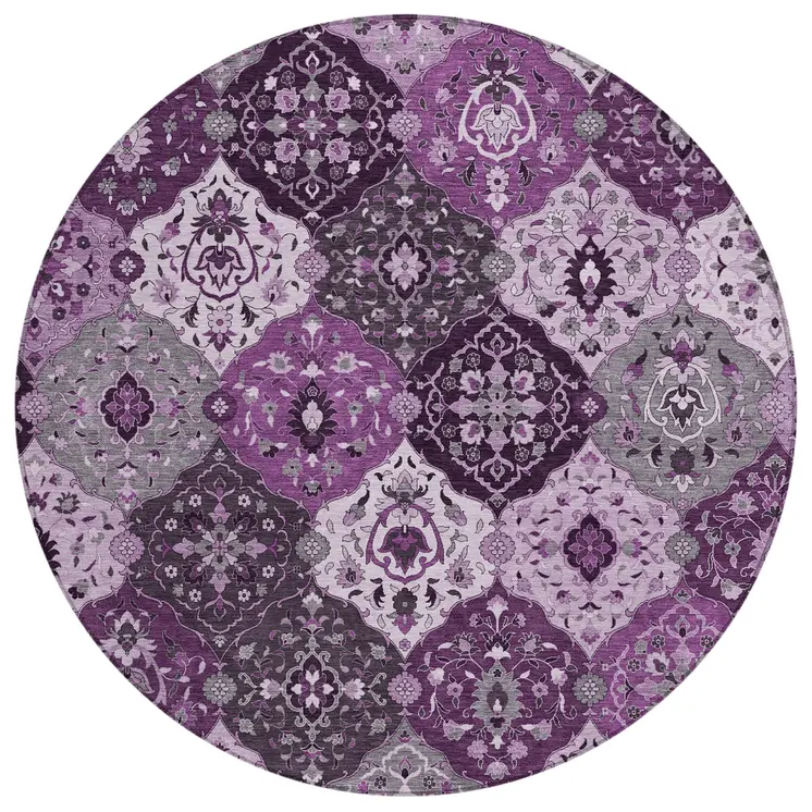 8' Purple And Ivory Round Floral Medallion Washable Indoor Outdoor Area Rug
