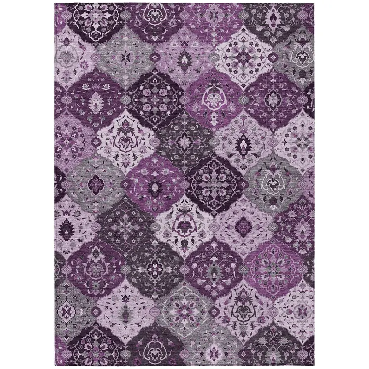 10' X 14' Purple And Ivory Floral Medallion Washable Indoor Outdoor Area Rug