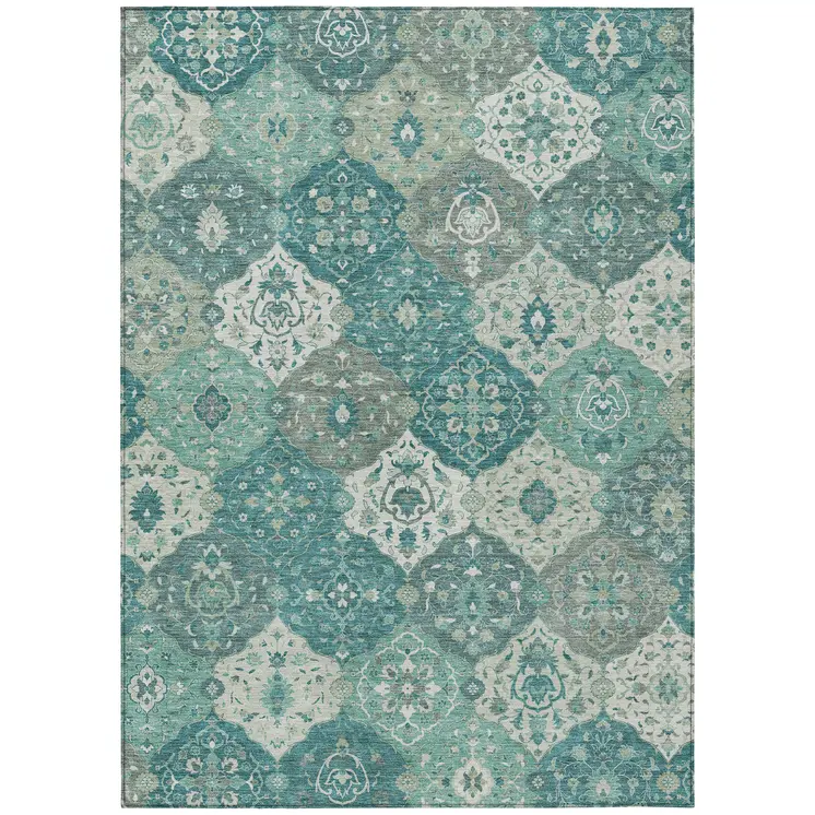 5' X 8' Teal Blue And Ivory Floral Medallion Washable Indoor Outdoor Area Rug