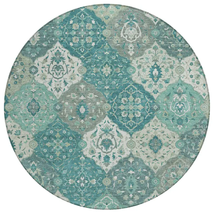 8' Teal Blue And Ivory Round Floral Medallion Washable Indoor Outdoor Area Rug