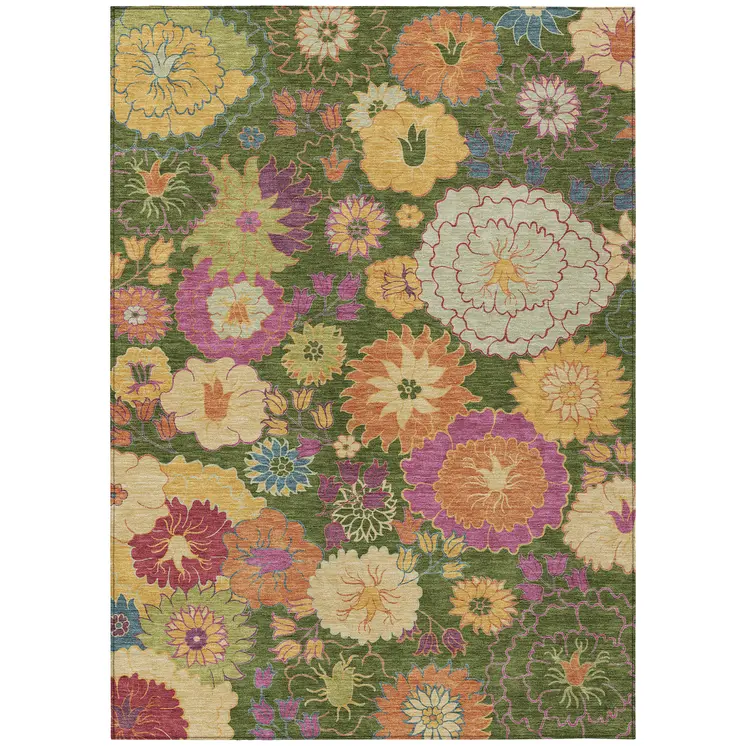 10' X 14' Artichoke Green Gold And Pink Floral Washable Indoor Outdoor Area Rug