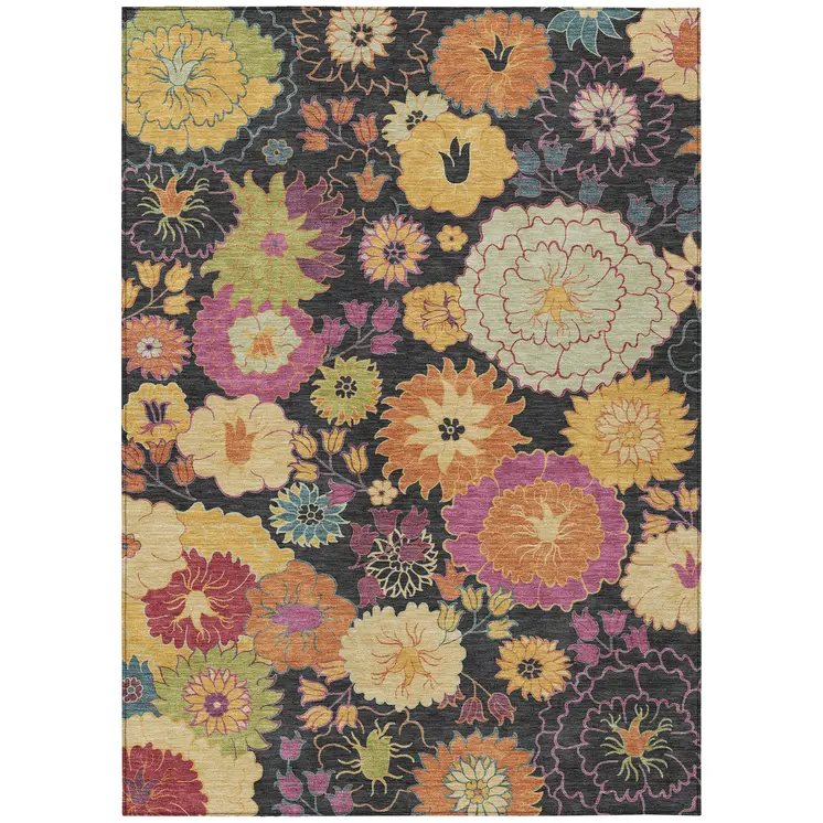 5' X 8' Black Gold And Pink Floral Washable Indoor Outdoor Area Rug