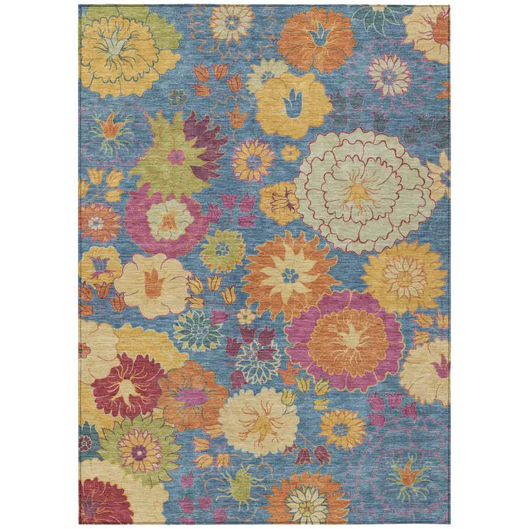 9' X 12' Blue Gold And Pink Floral Washable Indoor Outdoor Area Rug