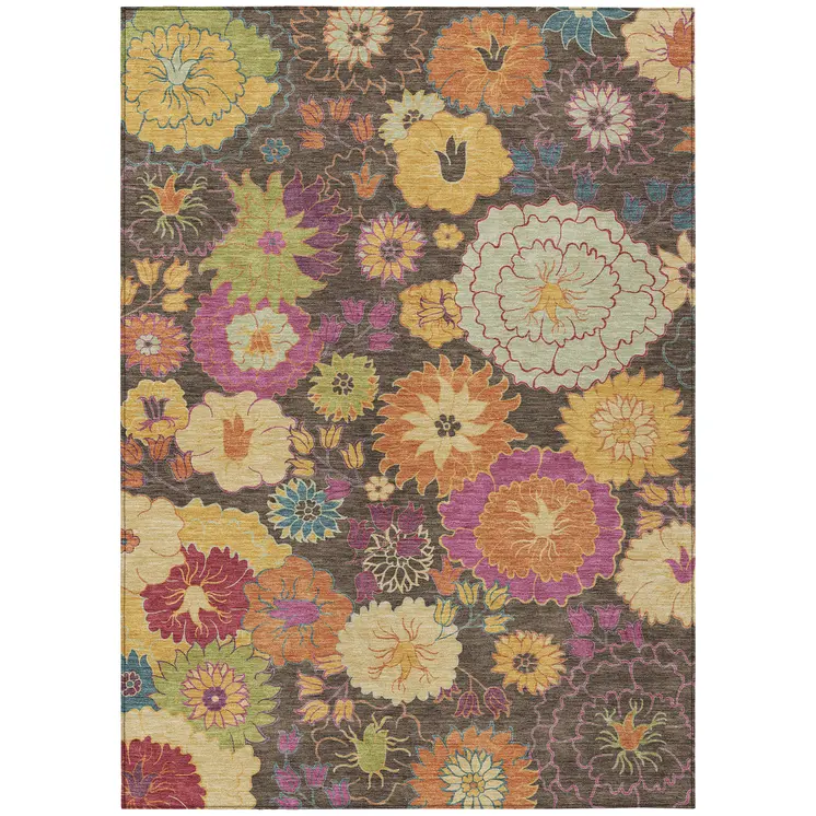 5' X 8' Chocolate Gold And Pink Floral Washable Indoor Outdoor Area Rug