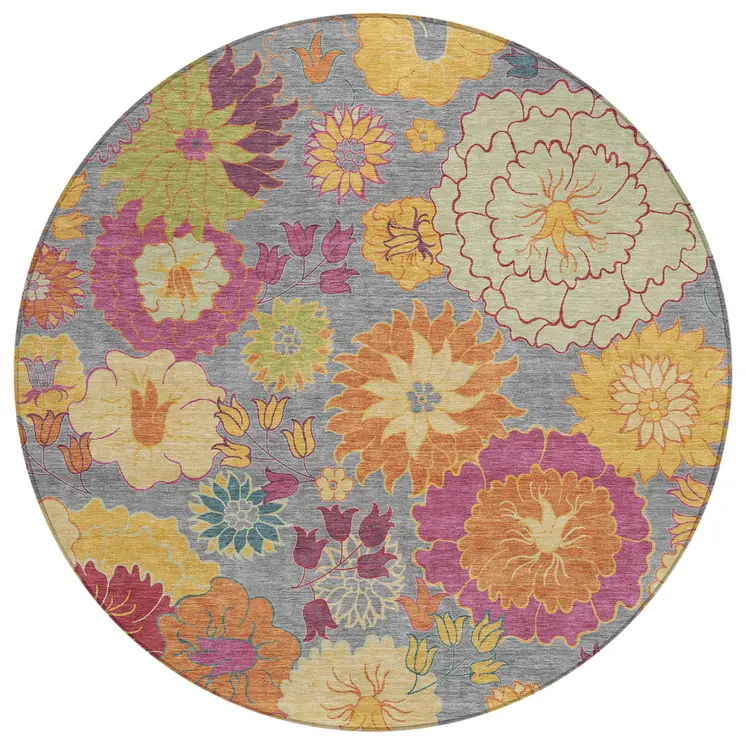 8' Gray Gold And Pink Round Floral Washable Indoor Outdoor Area Rug