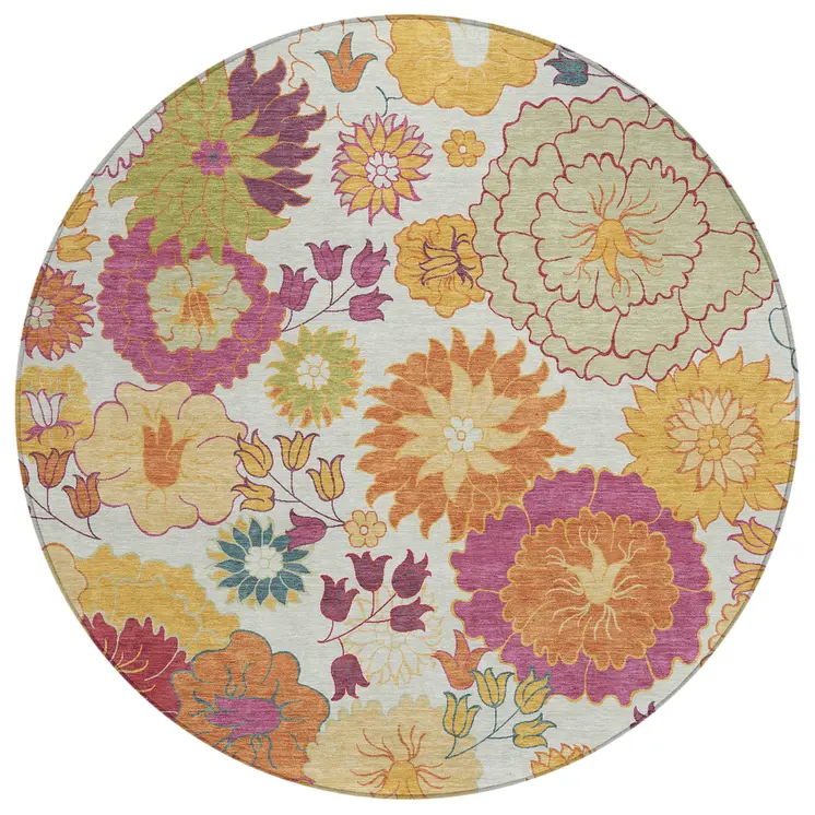 8' Ivory Gold And Pink Round Floral Washable Indoor Outdoor Area Rug