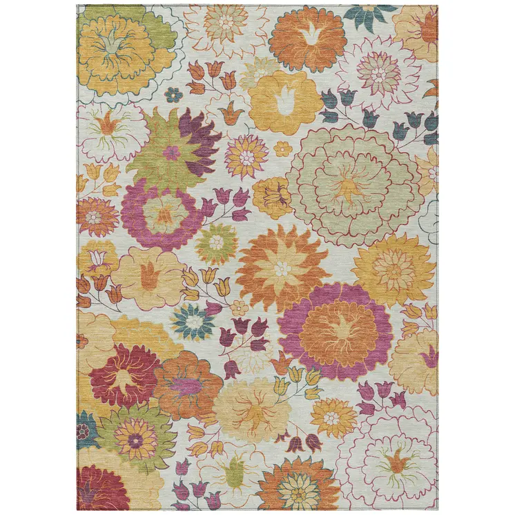 9' X 12' Ivory Gold And Pink Floral Washable Indoor Outdoor Area Rug
