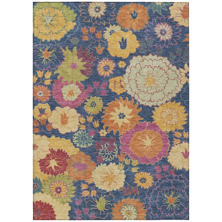 3' X 5' Navy Blue Gold And Pink Floral Washable Indoor Outdoor Area Rug