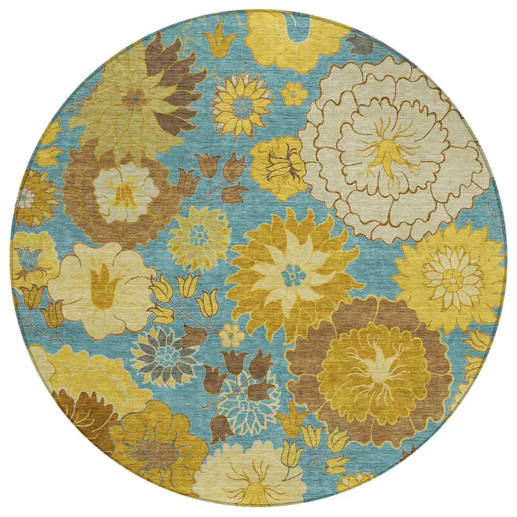 8' Aqua Gold And Beige Round Floral Washable Indoor Outdoor Area Rug