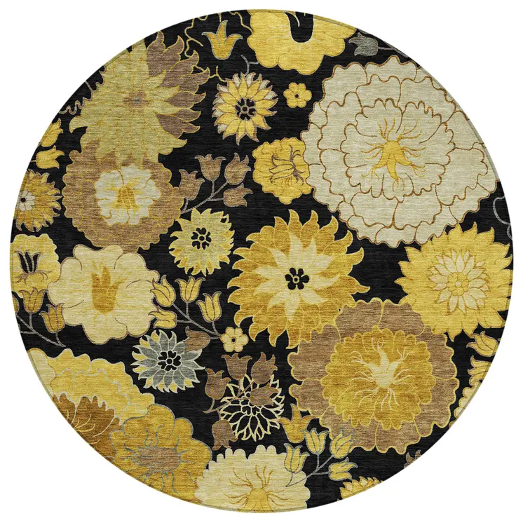 8' Black Gold And Beige Round Floral Washable Indoor Outdoor Area Rug