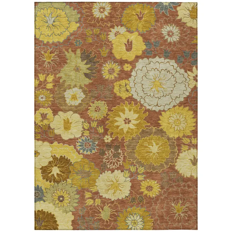 3' X 5' Terra Cotta Gold And Beige Floral Washable Indoor Outdoor Area Rug