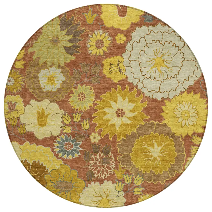 8' Terra Cotta Gold And Beige Round Floral Washable Indoor Outdoor Area Rug