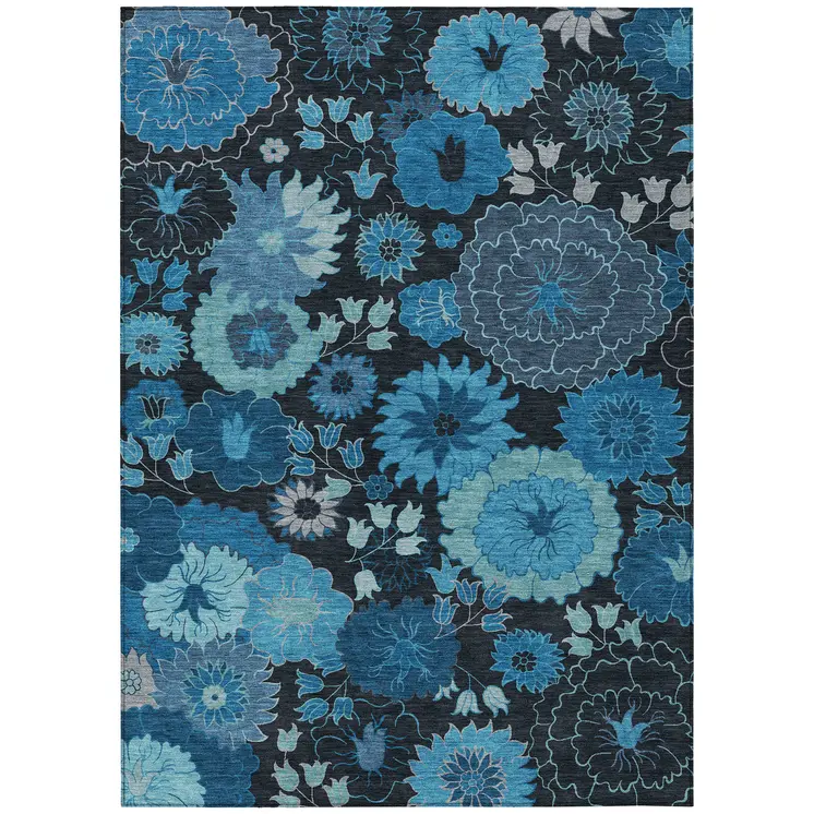 3' X 5' Blue And Black Floral Washable Indoor Outdoor Area Rug