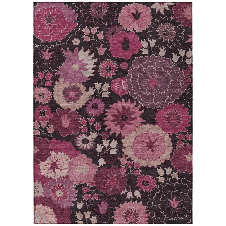8' X 10' Blush And Black Floral Washable Indoor Outdoor Area Rug