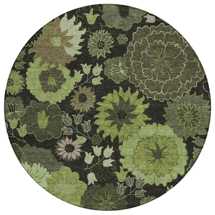 8' Green And Black Round Floral Washable Indoor Outdoor Area Rug