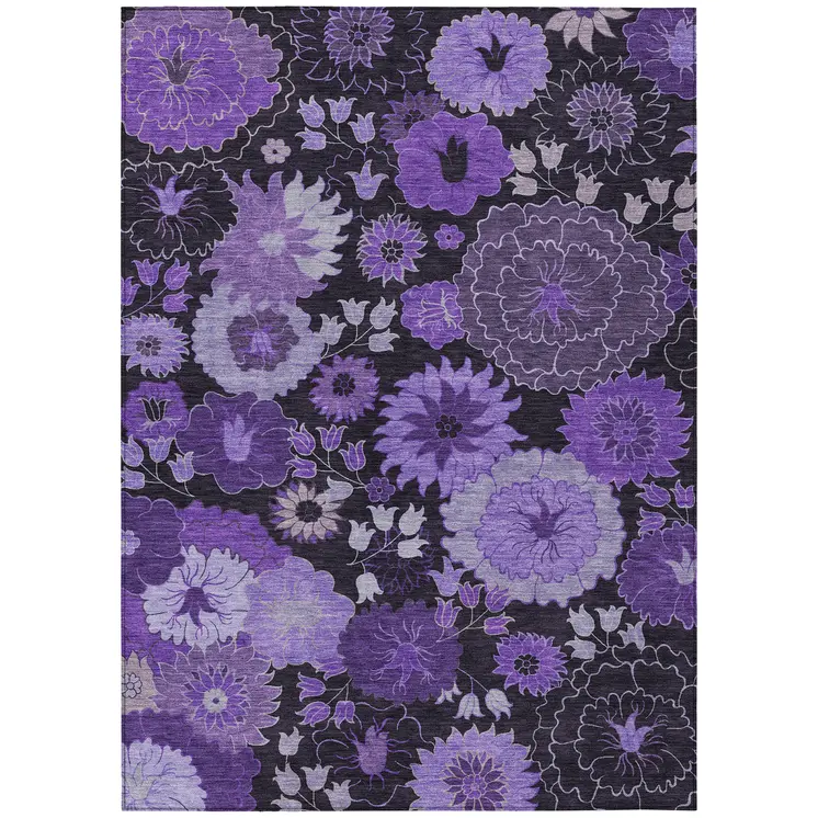 3' X 5' Purple And Black Floral Washable Indoor Outdoor Area Rug