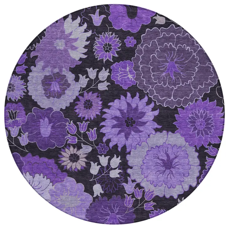 8' Purple And Black Round Floral Washable Indoor Outdoor Area Rug