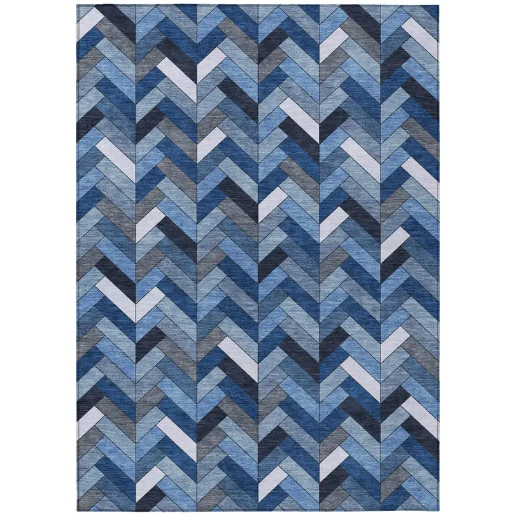 3' X 5' Blue And Ivory Geometric Washable Indoor Outdoor Area Rug