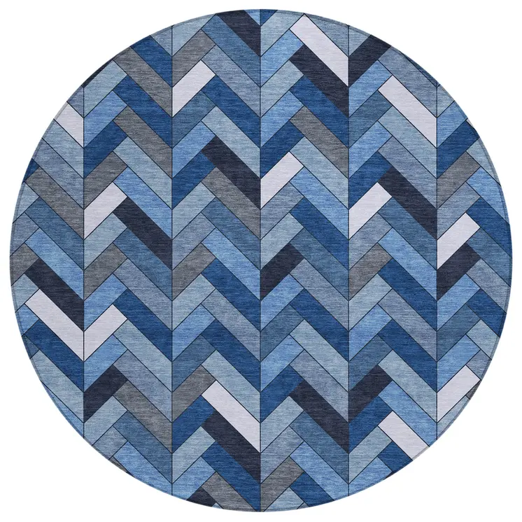8' Blue And Ivory Round Geometric Washable Indoor Outdoor Area Rug