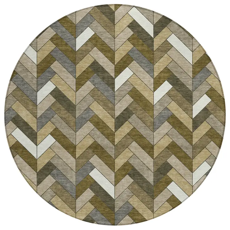 8' Brown And Ivory Round Geometric Washable Indoor Outdoor Area Rug