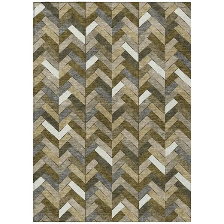 10' X 14' Brown And Ivory Geometric Washable Indoor Outdoor Area Rug